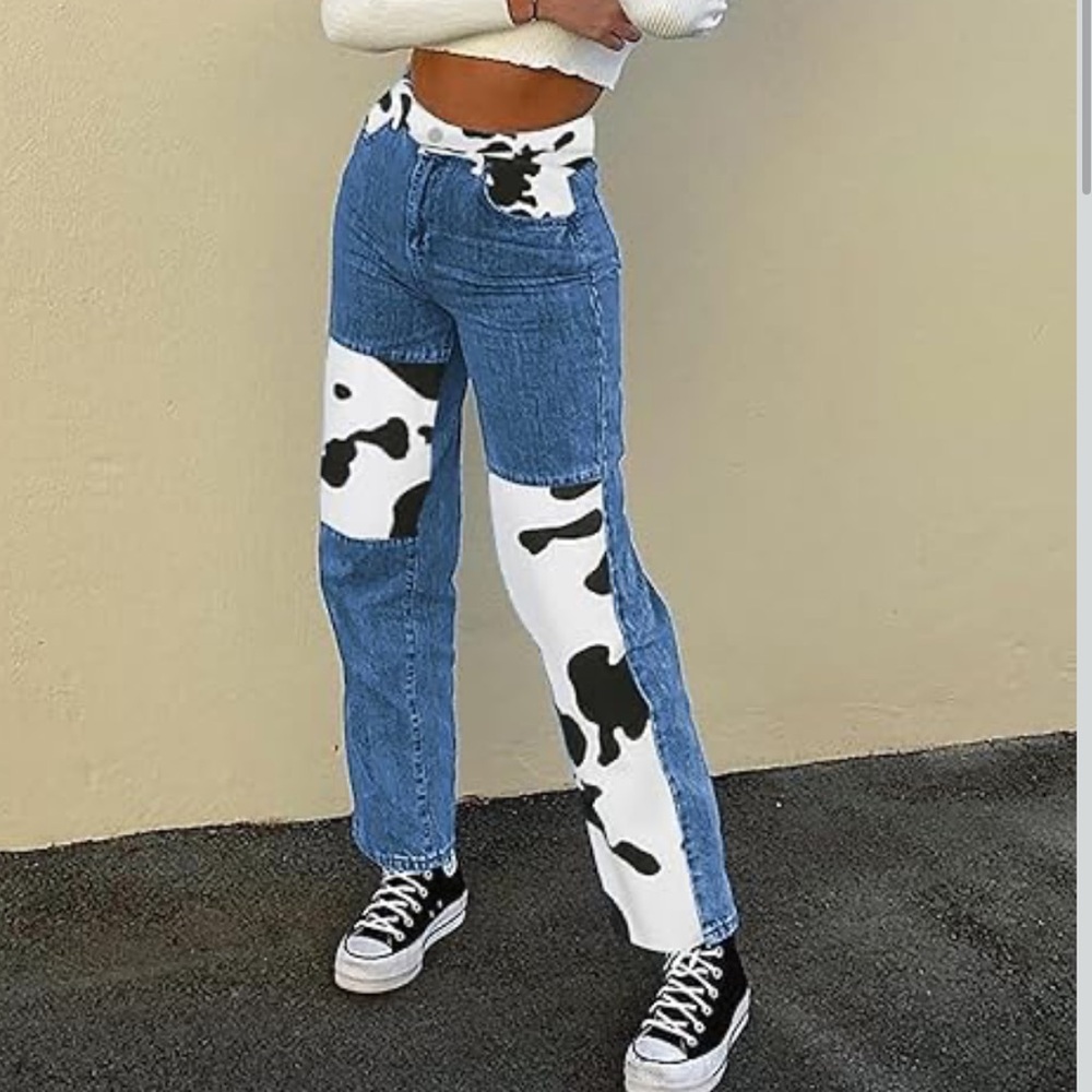 Women’s cow print jeans - size large. From Amazon. No brand.